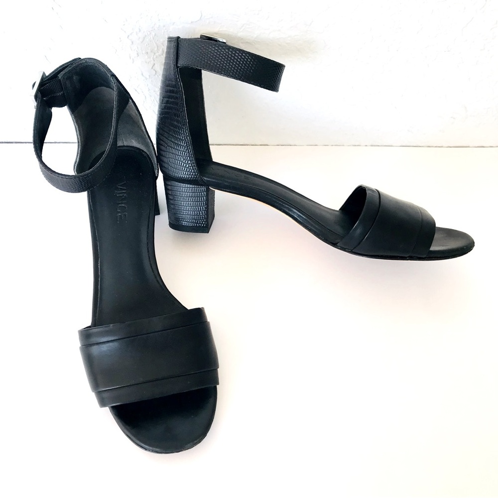 VINCE Rita Black Leather Embossed Block Heel Ankle Strap Sandals / Shoes Sz 7